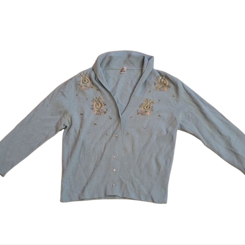 Luisa Spagnoli Vintage Light Blue Embroidered Cardigan Knit Buttondown XS